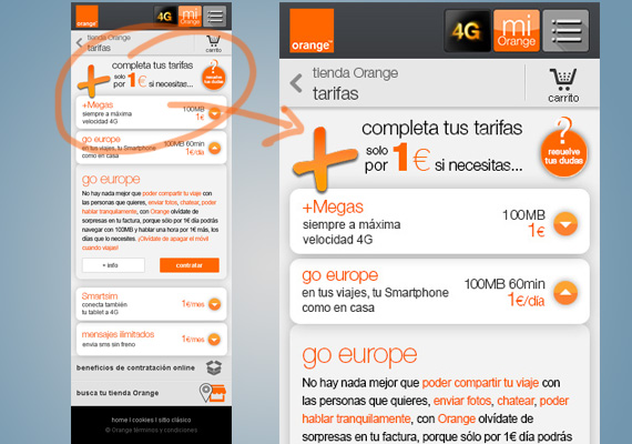 Diseño y maquetación para móvil, selección de un seguro en Tienda Orange.